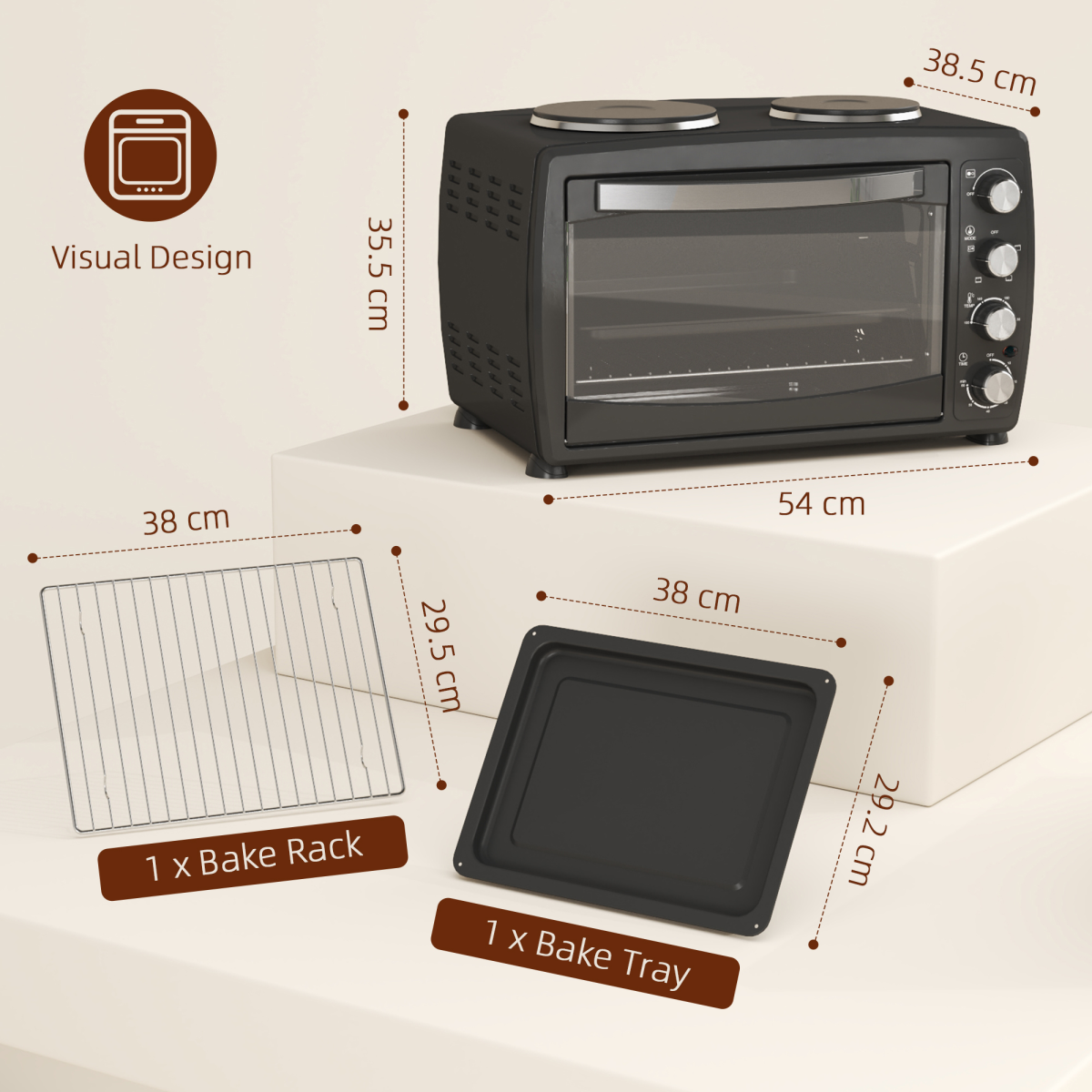 HOMCOM 36L Countertop Toaster Oven with 2 Hot Plates – Grill, Roast & Bake, Mini Kitchen Cooker