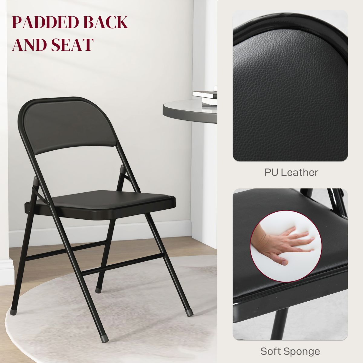 HOMCOM Set of 4 Padded Folding Chairs with Cushioned Seats & Steel Frame – Space-Saving Seating, Black