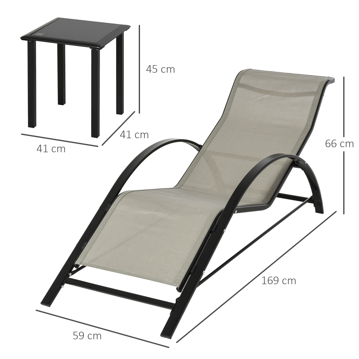 Outsunny 3-Piece Lounge Chair Set with Glass Table and Mesh Seats – Reclining Garden Sunbathing Chairs, Grey