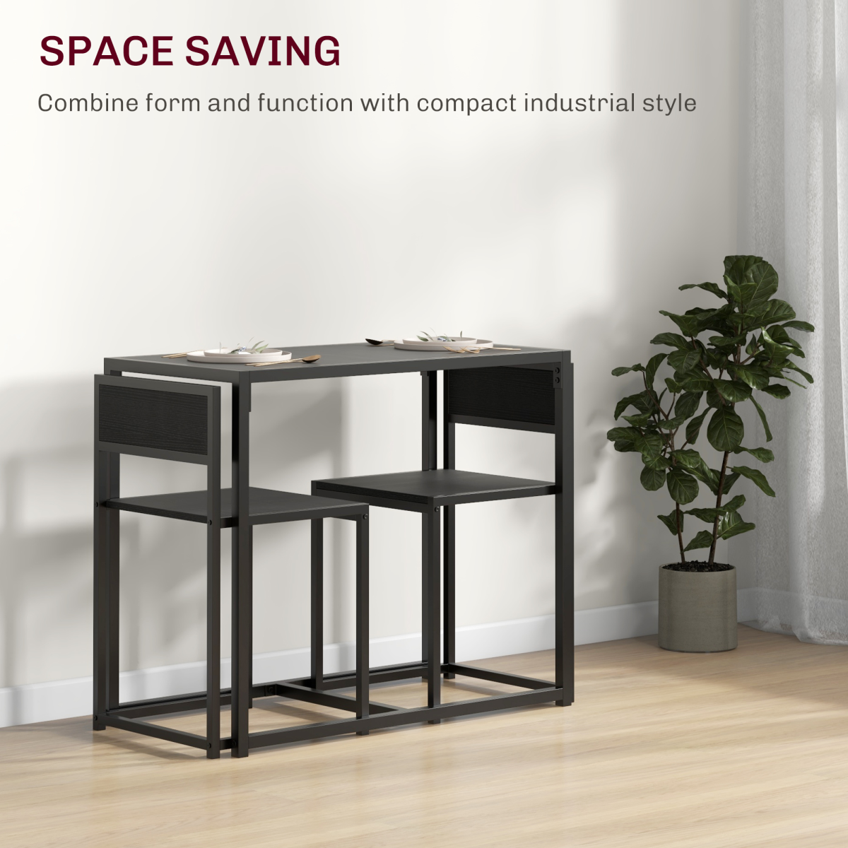 HOMCOM 3 Piece Metal Frame Dining Table & Stool Set – Compact Kitchen Dining for Two, Black