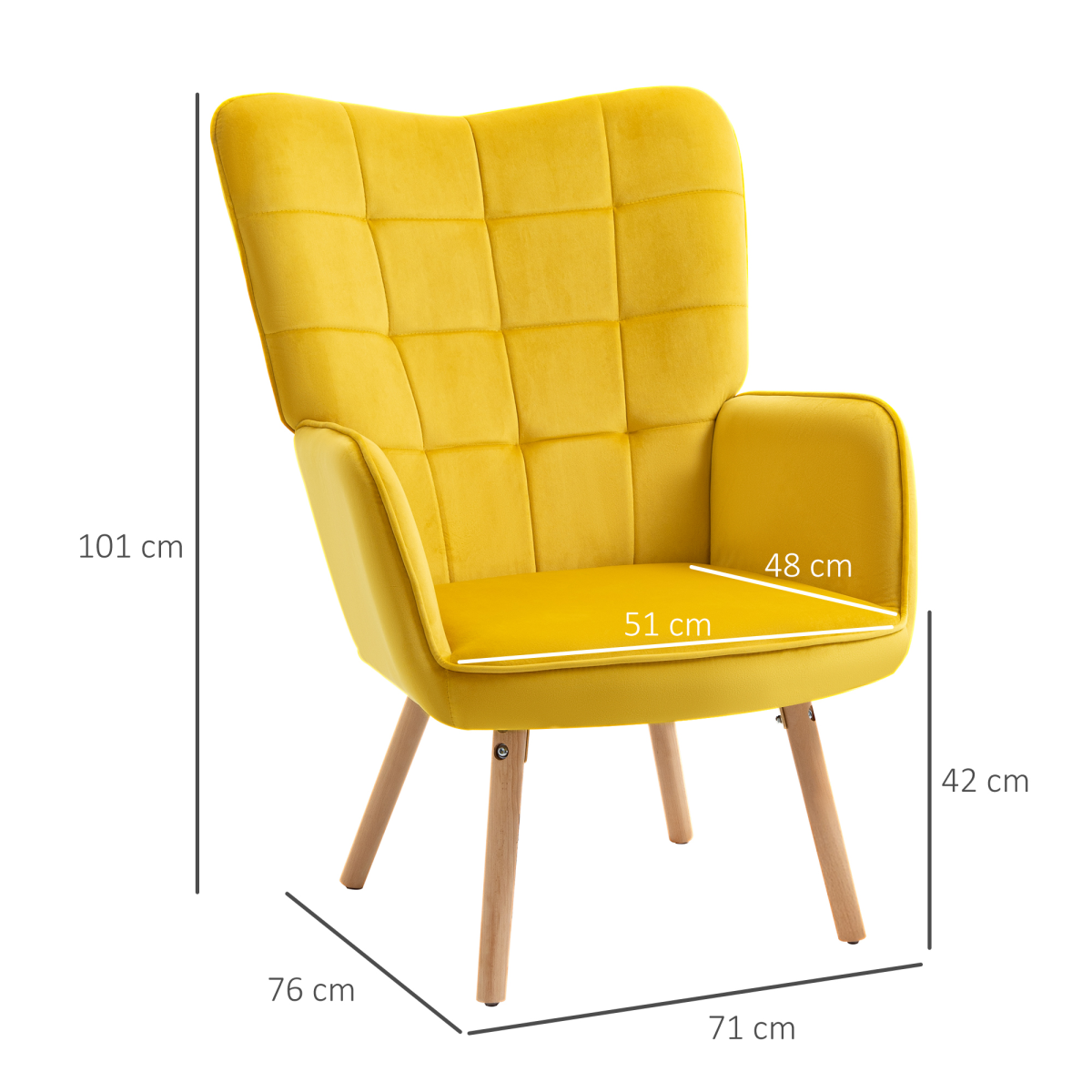HOMCOM Velvet-Touch Tufted Wingback Accent Armchair with Wooden Legs – Living Room and Bedroom Chair, Yellow