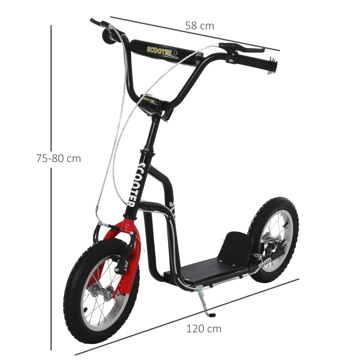 HOMCOM Kids Kick Scooter with Inflatable Wheels & Rear Brake – Adjustable 75–80cm Handlebar, Black