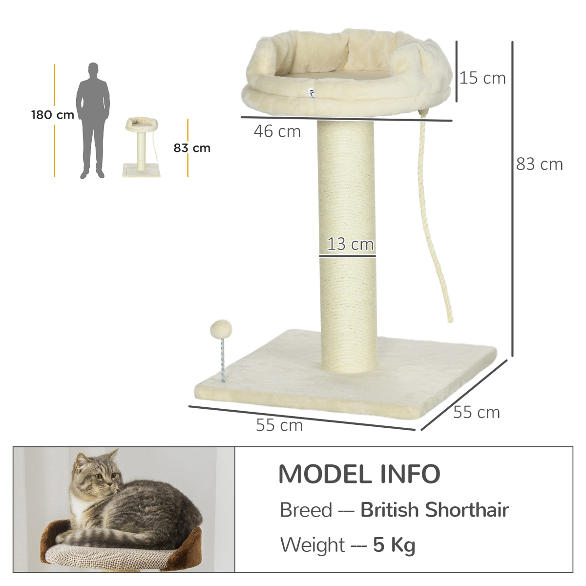 PawHut Cat Tree for Indoor Cats with Sisal Scratching Post & Spacious Bed – Kitten Climbing Tower, Cream