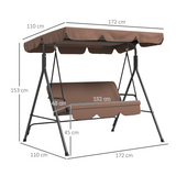 Outsunny 3-Person Outdoor Porch Swing Chair with Cushioned Seat and Adjustable Canopy – Garden Swing, Brown