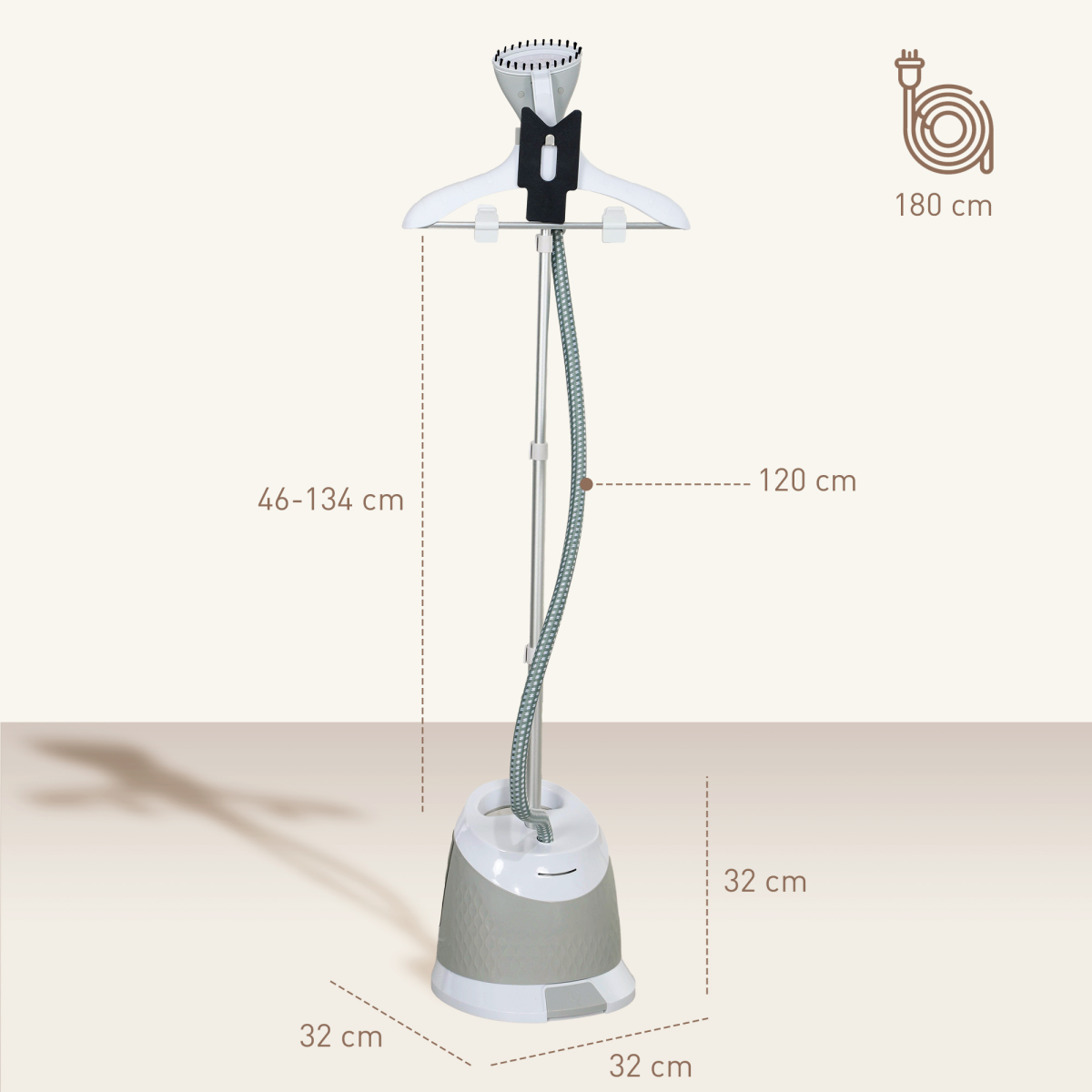 HOMCOM 1800W Clothes Steamer with 1.8L Water Tank & Adjustable Pole – Garment Wrinkle Remover, Light Grey