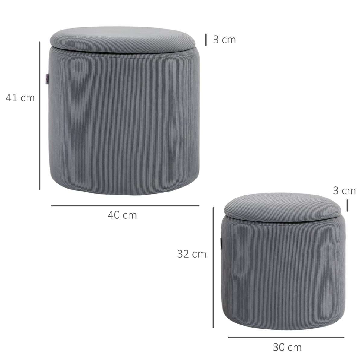 HOMCOM Fabric Storage Ottoman Set of 2 with Removable Lids – Nesting Footstools, Corduroy, Light Grey