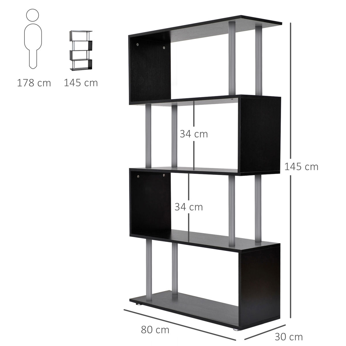 HOMCOM Wooden S-Shape Bookshelf & Room Divider – Multi-Tier Display Shelves, Black