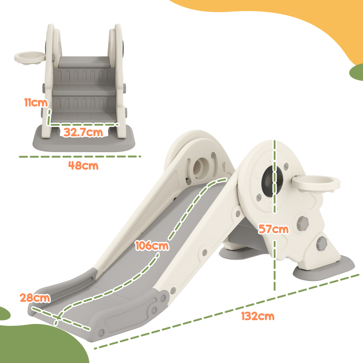 AIYAPLAY 3-in-1 Kids Slide with Basketball Hoop & Climber – Space Theme Foldable Play Set, Cream White