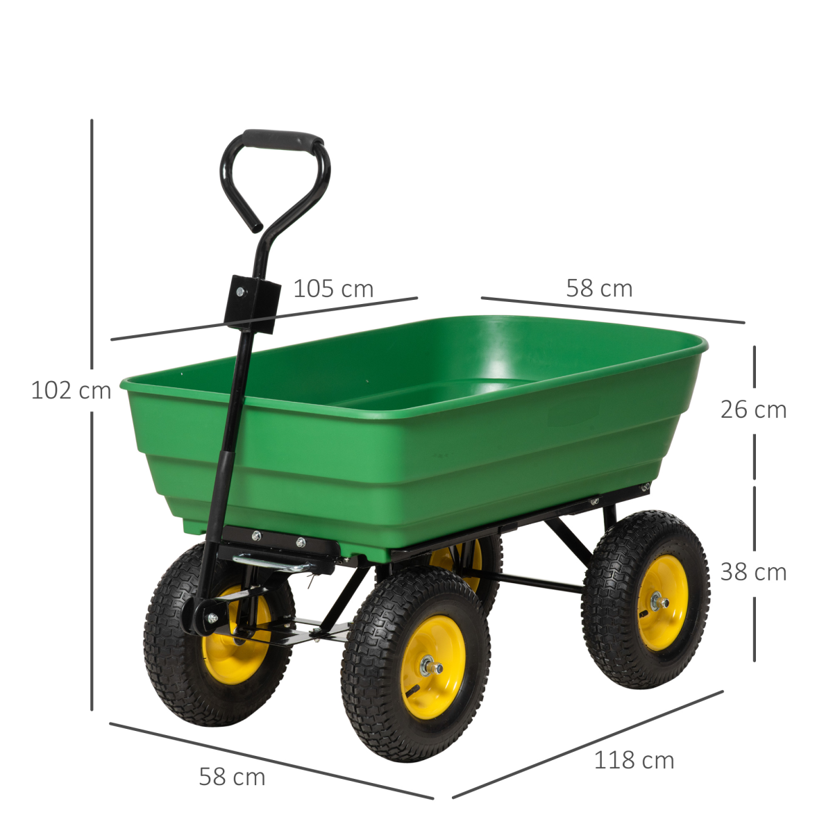 Outsunny 125L Heavy Duty 4-Wheel Garden Cart with Tipping Mechanism – Steel Trolley Wheelbarrow, Green