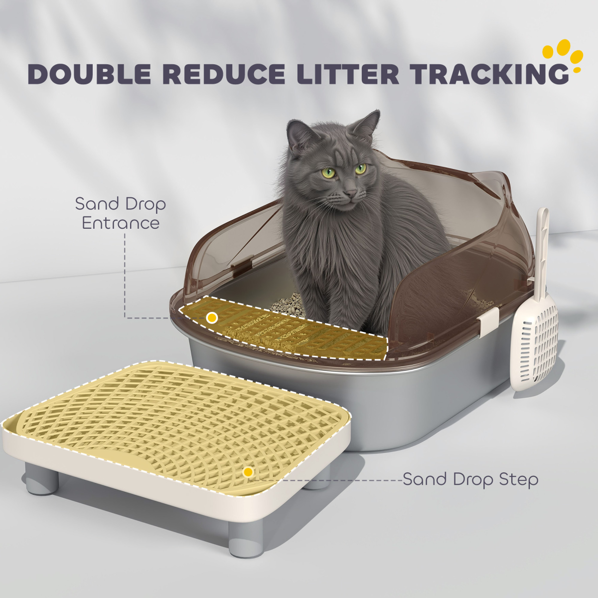 Cat Litter Box with High Sides, Stainless Steel Tray & Scoop – Anti-Splash Litter Tray, Charcoal Grey