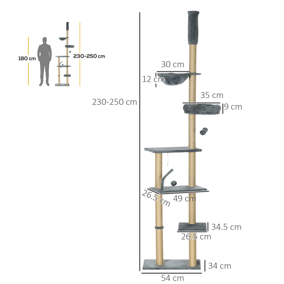 PawHut 6-Tier Floor to Ceiling Cat Tree with Scratching Post, Bed & Hammock – Cat Tower, Grey