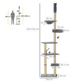 PawHut 6-Tier Floor to Ceiling Cat Tree with Scratching Post, Bed & Hammock – Cat Tower, Grey