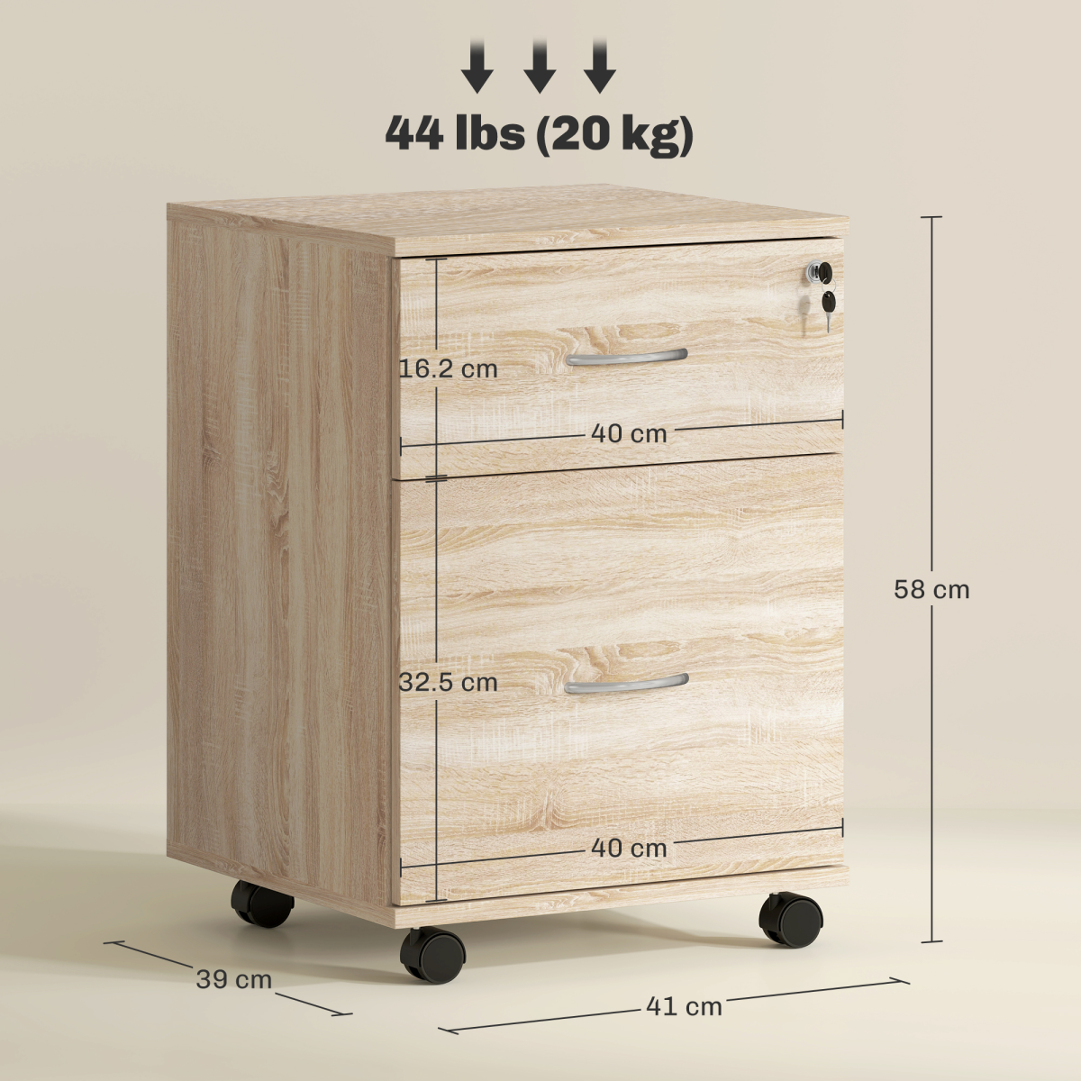 HOMCOM Mobile Pedestal Filing Cabinet with 2 Drawers, Lockable Top & Wheels – Office Storage, Oak Effect