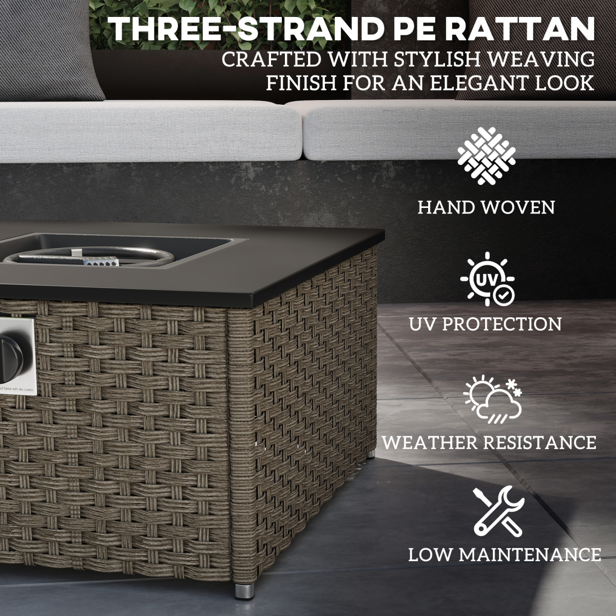 Rattan Gas Fire Pit Table with 13kW Burner, Pulse Ignition & Lid – Outdoor Patio Coffee Table Heater, Grey