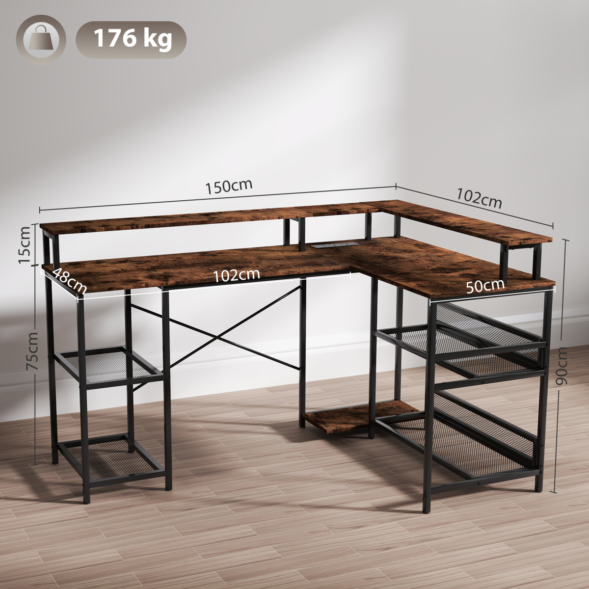 HOMCOM L-Shaped Gaming Desk with RGB LED Lights & Power Outlets – Corner Computer Desk