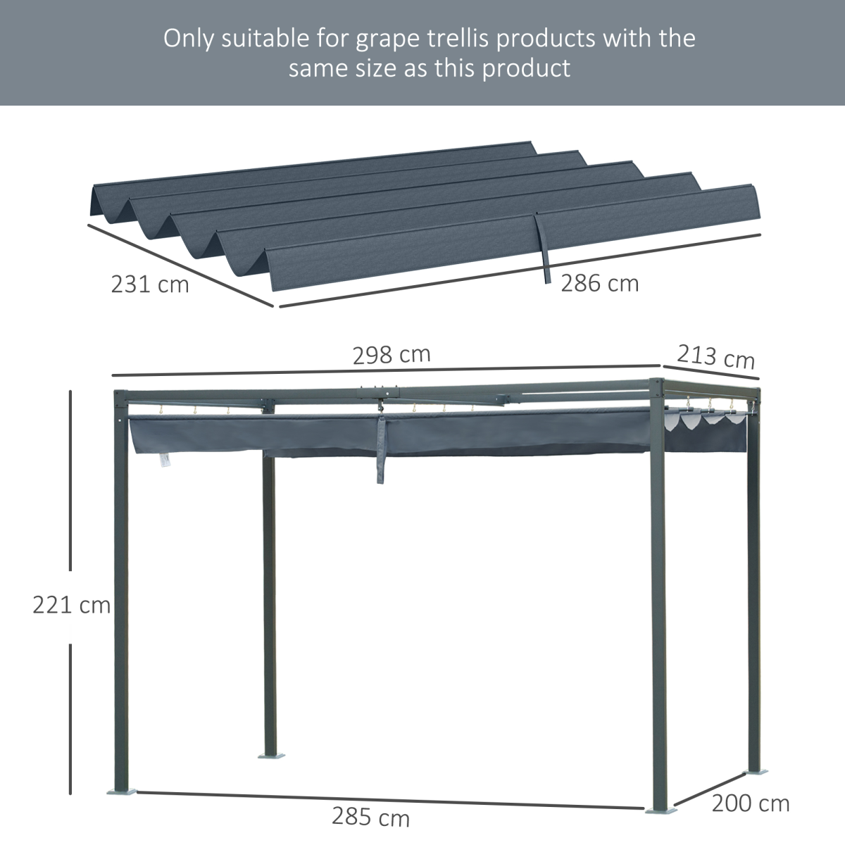 Outsunny Replacement Pergola Roof Sun Shade Cover for 3 x 2.15m Pergola, UV30+ PU Coated Polyester, Dark Grey