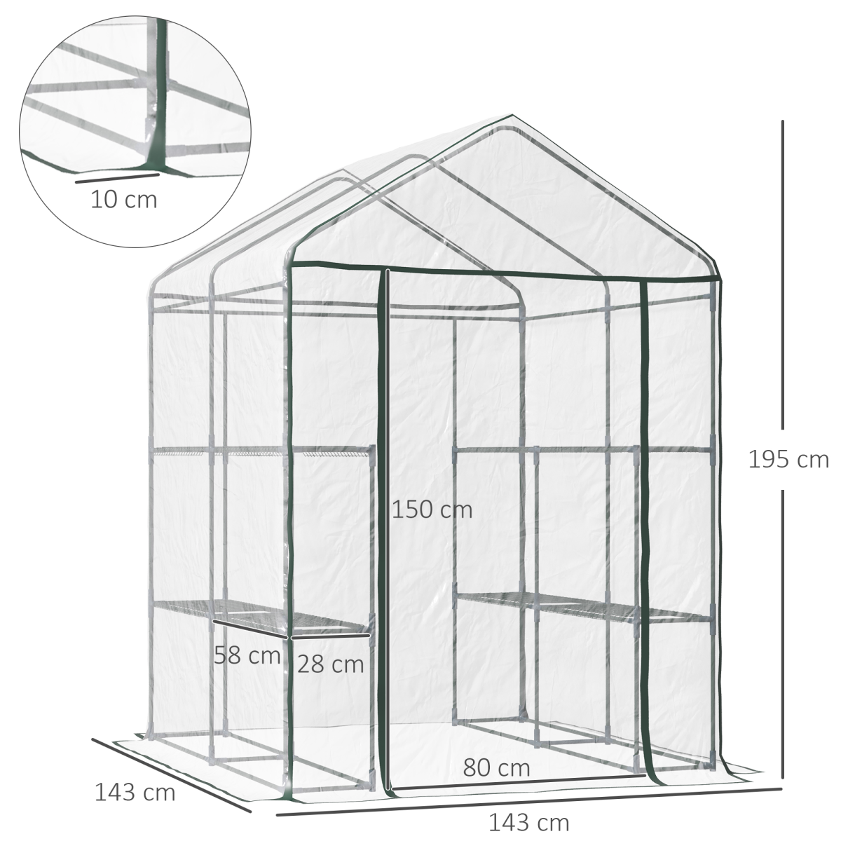Outsunny Steel Frame Greenhouse with 2 Shelves & 8 Grid Rack – Zippered Roll-Up Door, Clear PVC Cover
