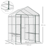 Outsunny Steel Frame Greenhouse with 2 Shelves & 8 Grid Rack – Zippered Roll-Up Door, Clear PVC Cover
