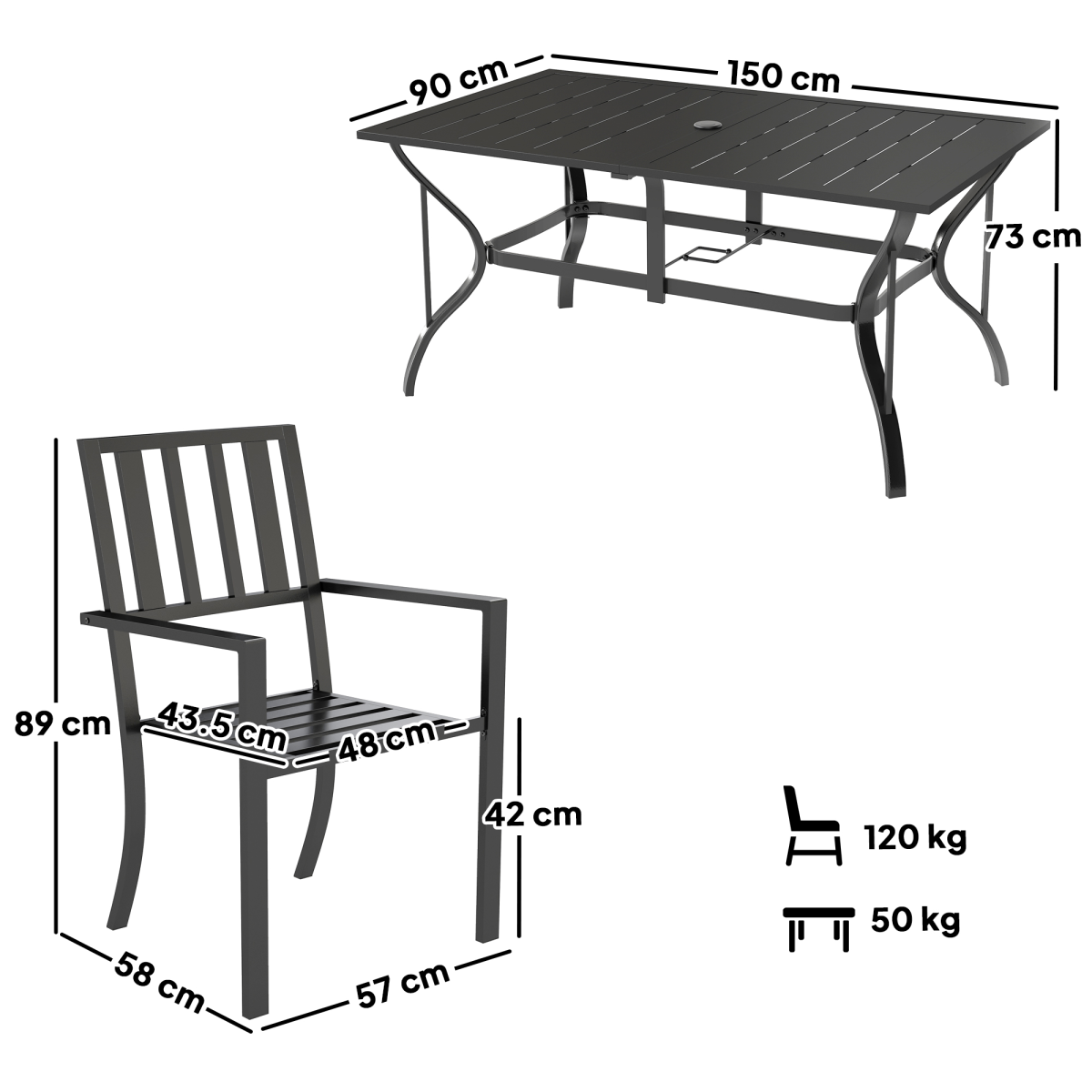 Outsunny 7-Piece Steel Patio Dining Set with 42mm Umbrella Hole – Table & 6 Stackable Chairs, Black
