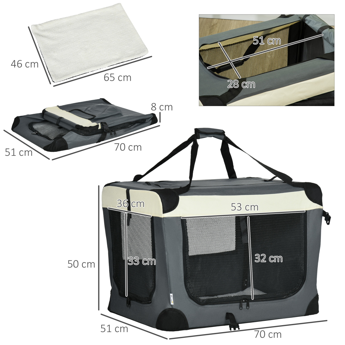 Pawhut 70cm Foldable Pet Carrier with Cushion, 3 Doors & Mesh Windows – For Mini Dogs and Cats, Grey
