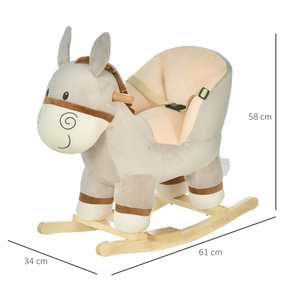 HOMCOM Kids Ride-On Rocking Donkey with Sound Button, Handlebars, Seat Belt and Plush Body – Ages 18-36 Months