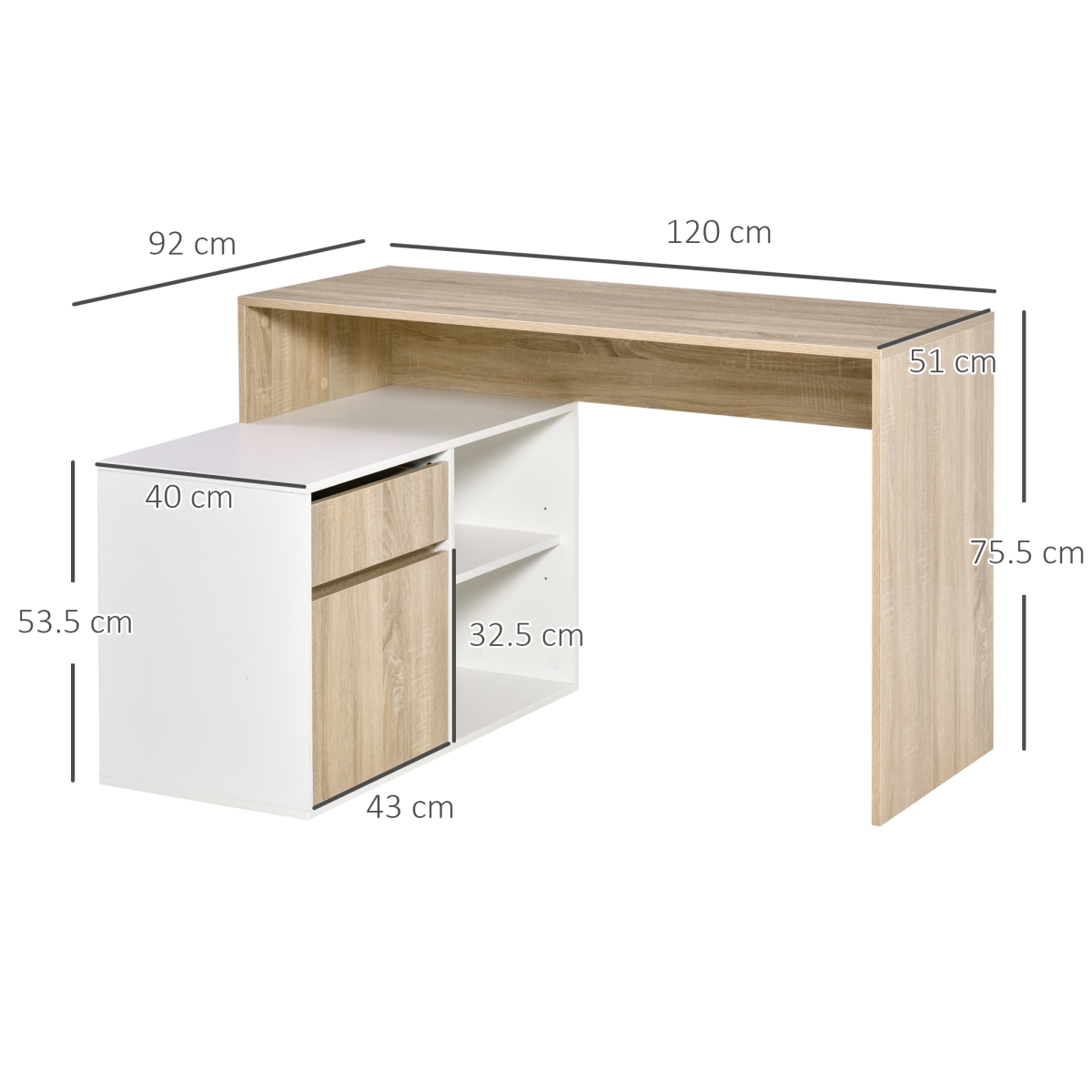 HOMCOM L-Shaped Corner Computer Desk with Cabinet, Drawer and Two Shelves – Home Office, Oak and White
