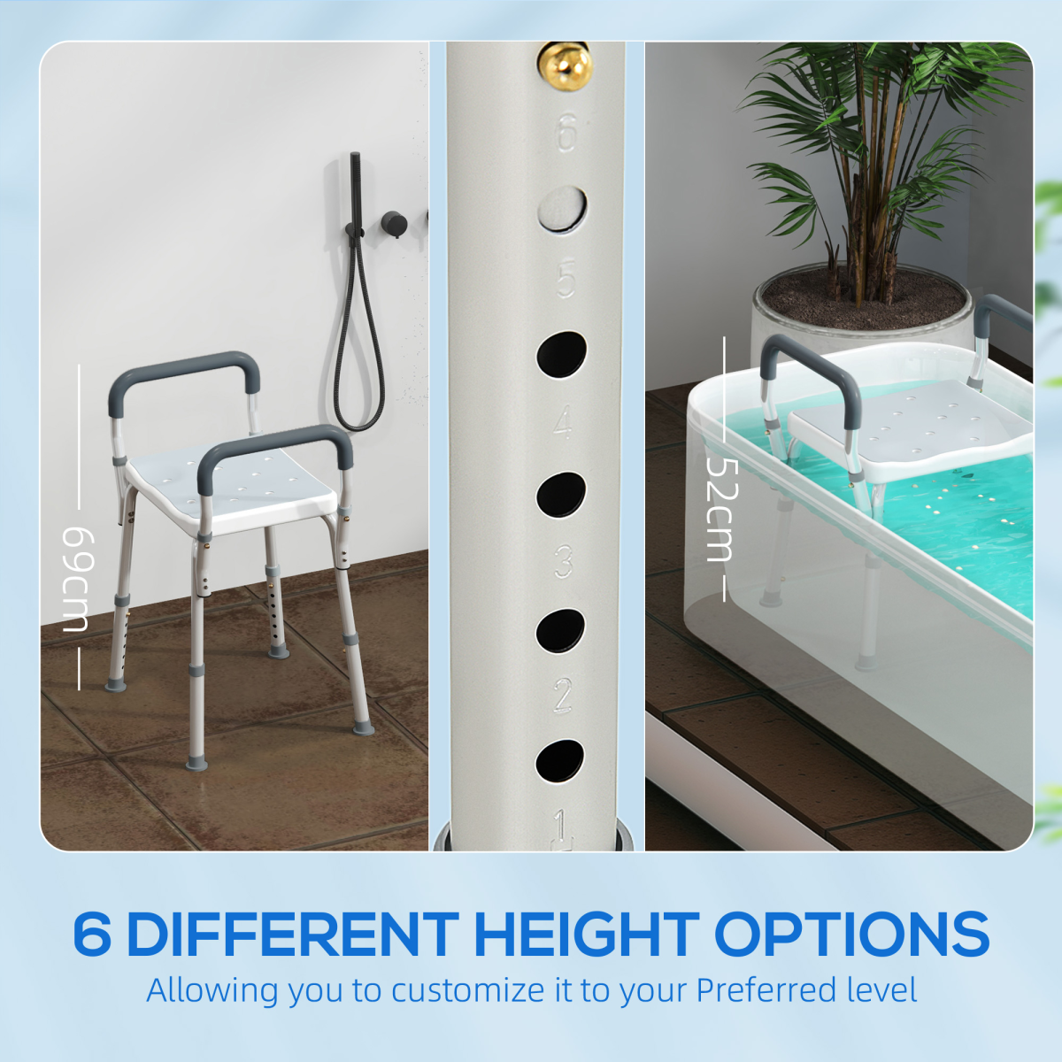 HOMCOM Rust-Free Aluminium Bath Chair with 6-Level Adjustable Height & Anti-Slip Mats – Light Blue