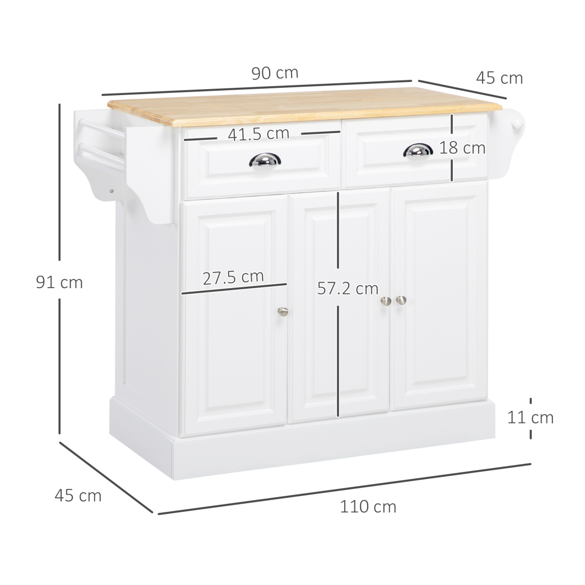 HOMCOM Kitchen Storage Trolley with Drawers, Adjustable Shelves & Wooden Top – Rolling Kitchen Island, White