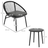 Outsunny 3-Piece Wicker Bistro Set with 2 Round Chairs, Padded Cushions & Metal-Top Coffee Table – Patio Balcony Furniture, Black/Dark Grey