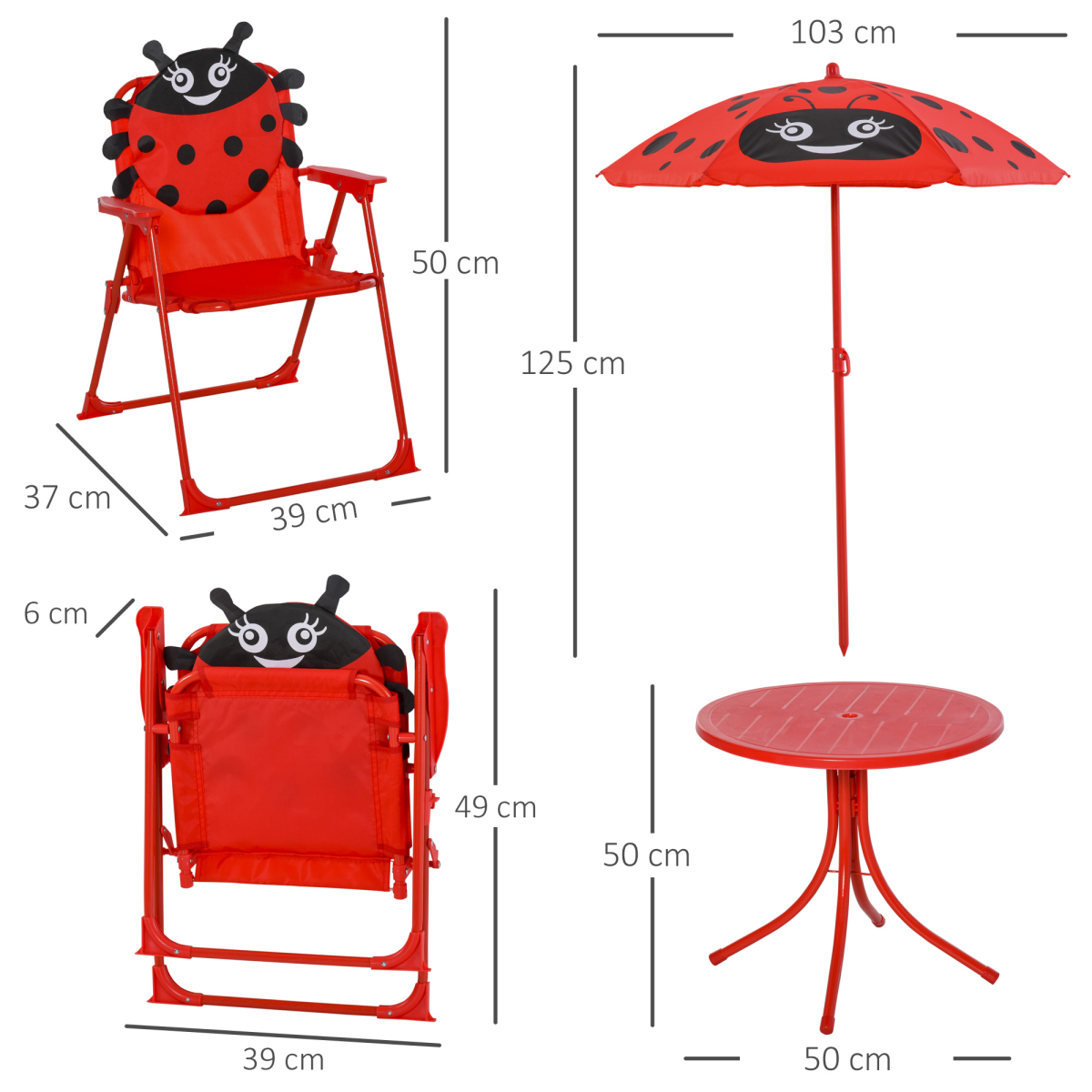 Kids Folding Picnic Table and Chair Set with Parasol – Four-Piece Outdoor Garden Set, Ladybird Design