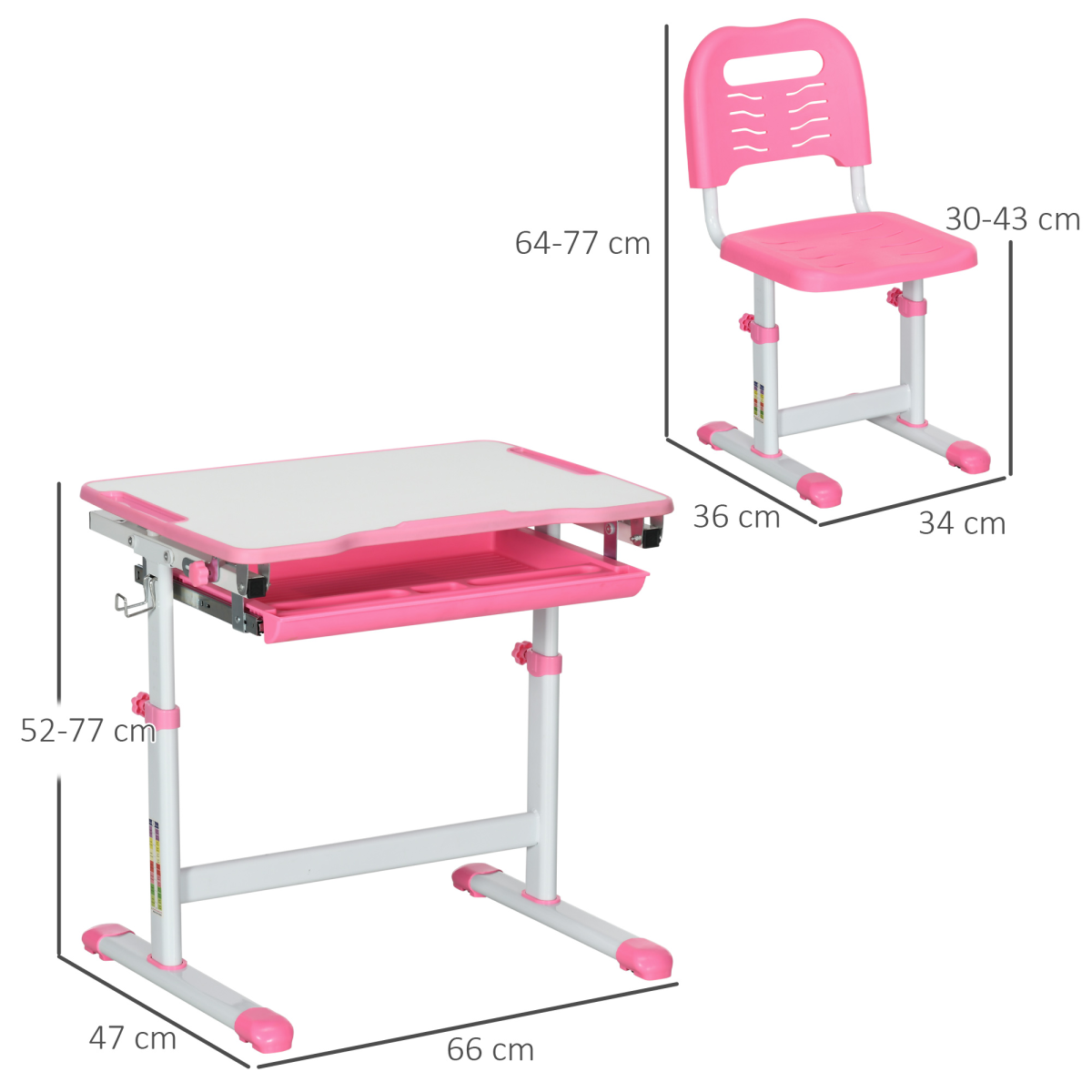 HOMCOM Kids Desk and Chair Set with Height-Adjustable Table, Drawer, Pen Slot & Hook – Study Desk, Pink