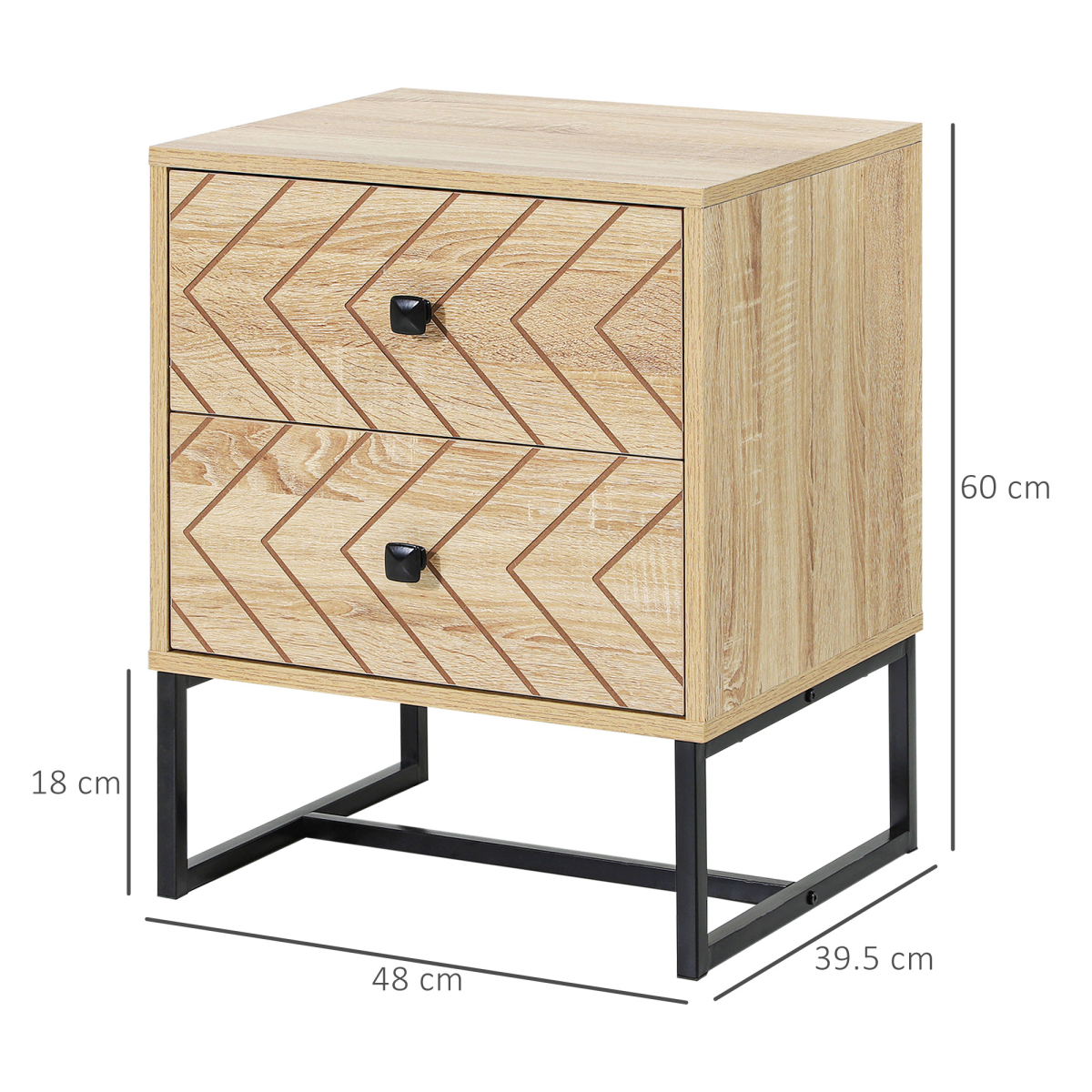 HOMCOM 2-Drawer Bedside Table with Zig-Zag Design – Anti-Tipping Storage Unit, Black Metal Handles