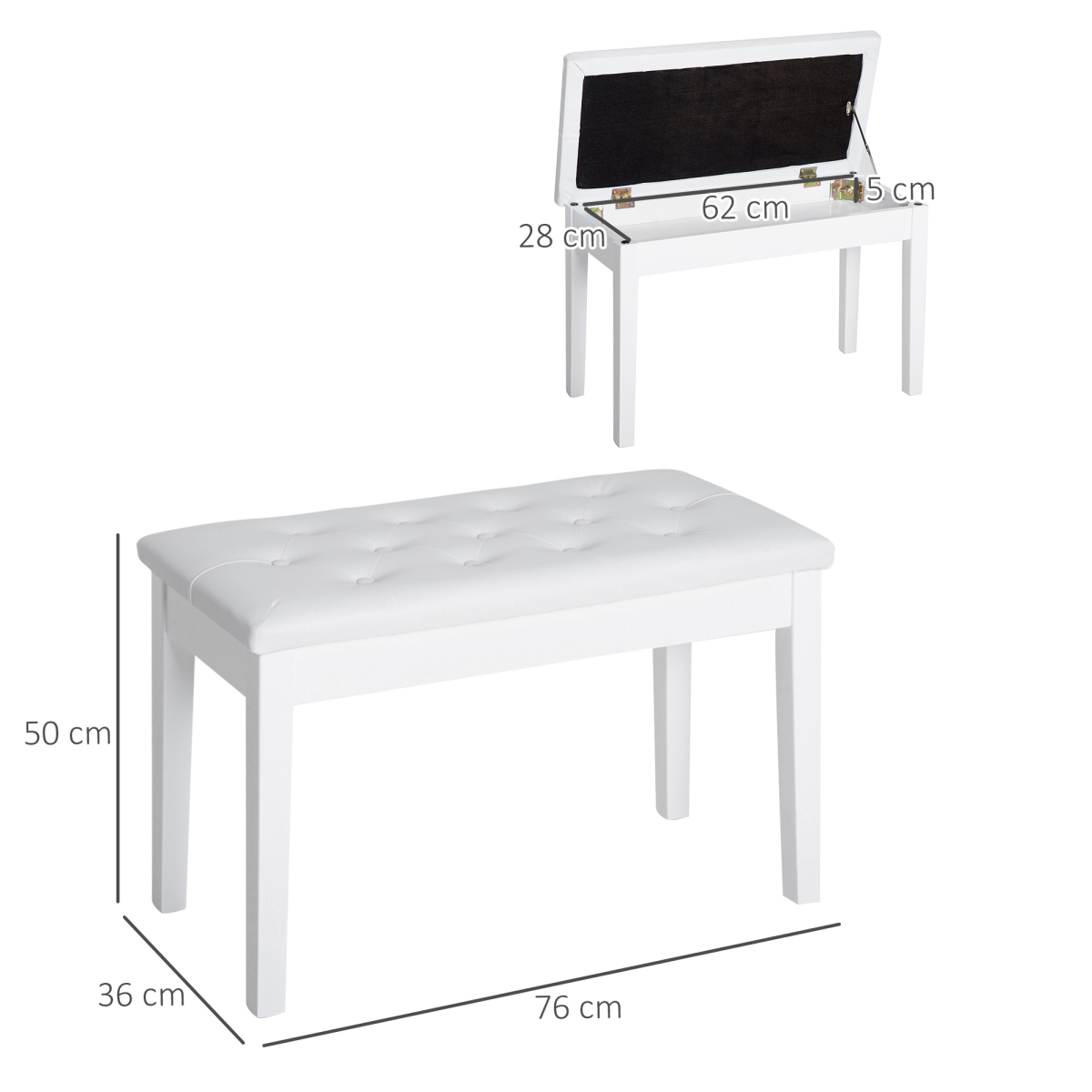 HOMCOM Piano Bench with Under-Seat Storage & Tufted Padded Seat – Solid Wood Double Stool, White