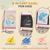3-in-1 Kids Art Easel with Blackboard, Whiteboard & Paper Roll, 2 Storage Baskets – Animal Design, Pink