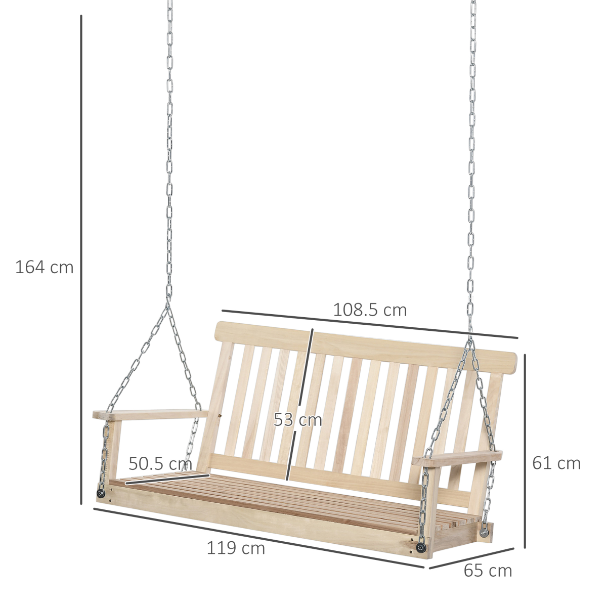 Outsunny 2-Seater Wooden Porch Swing Chair with Hanging Chains – Fir Wood Garden Swing Bench