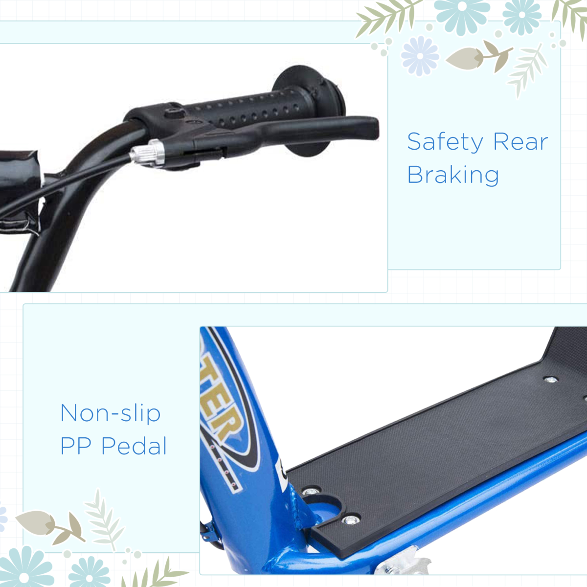 Kids Scooter with Adjustable Handlebars, Rear Brake and Non-Slip Footplate – Steel Frame Ride-On, Blue