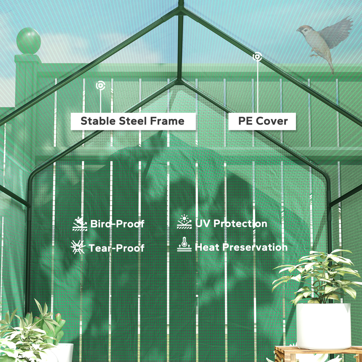 Outsunny Walk-In Greenhouse with 4 Shelves, UV-Resistant PE Cover & Zipped Door, 120 x 186 x 190cm, Green