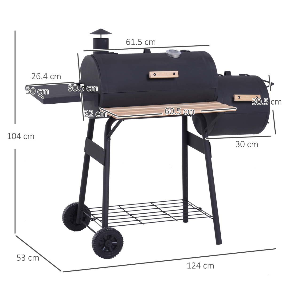 Outsunny Charcoal BBQ Grill with Offset Smoker, Lid Thermometer, Shelves & Wheels – Portable Steel Garden Barbecue