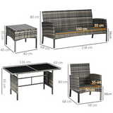 Outsunny Six Piece Rattan Garden Furniture Set with Sofa, 2 Armchairs, 2 Footstools & Glass Table – Grey