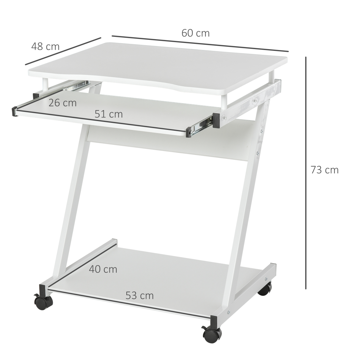 HOMCOM Computer Desk with 4 Lockable Wheels and Sliding Keyboard Tray – Mobile Home Office Workstation, White