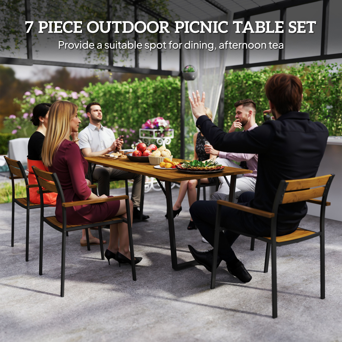 Outsunny 7 Piece Garden Dining Set with Table & 6 Stackable Chairs, Parasol Hole – Steel & Fir Wood, Brown