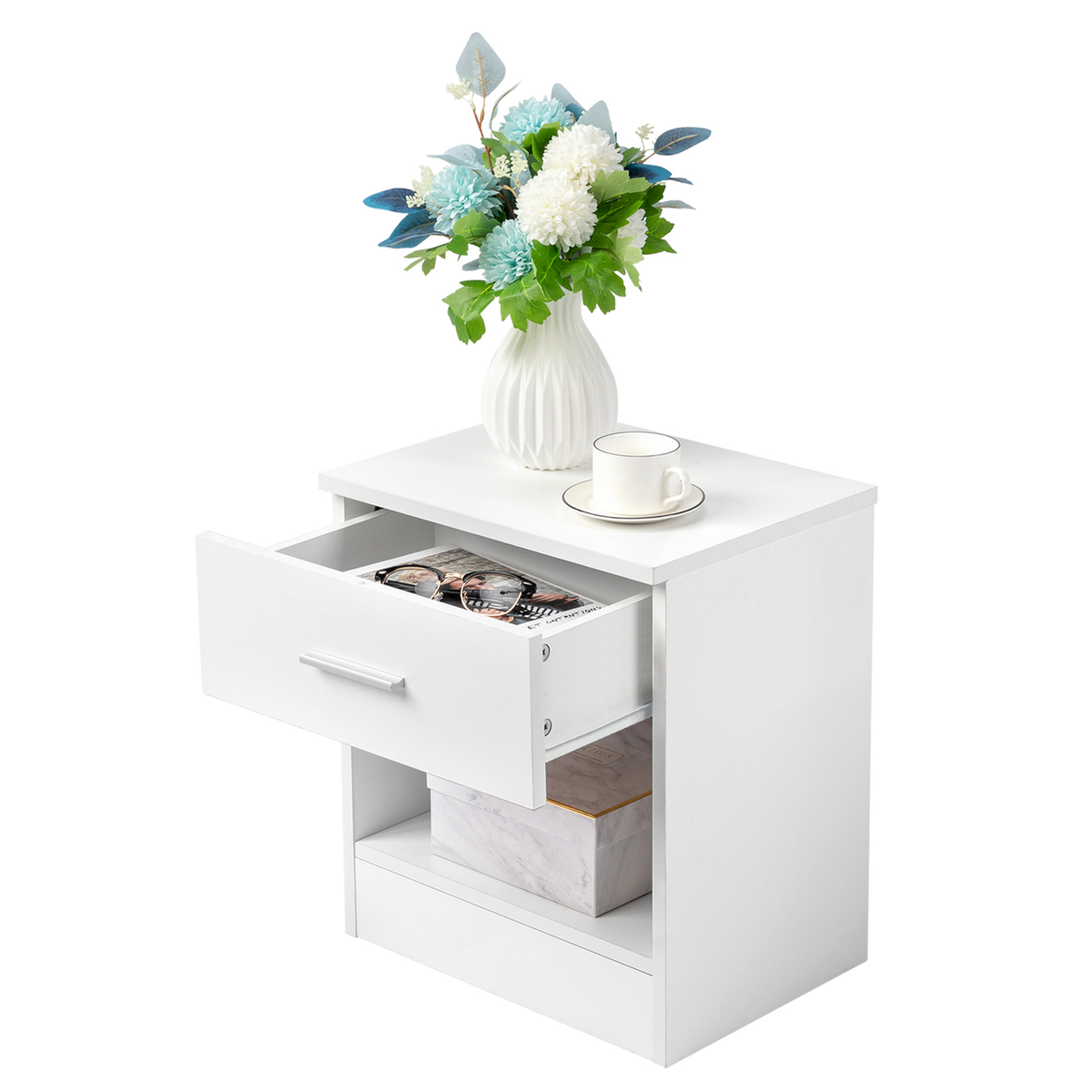 2-Tier Nightstand Bedside Cabinet with Drawer and Open Shelf – Bedroom and Home Office End Table, White