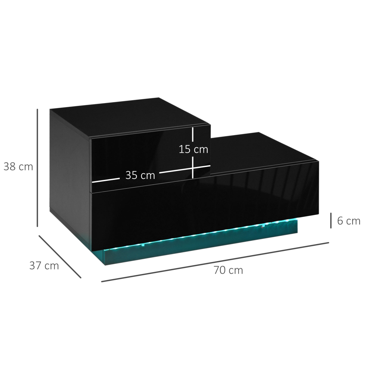 HOMCOM High Gloss Bedside Table with 2 Drawers and LED Light Remote – Modern Nightstand, Black