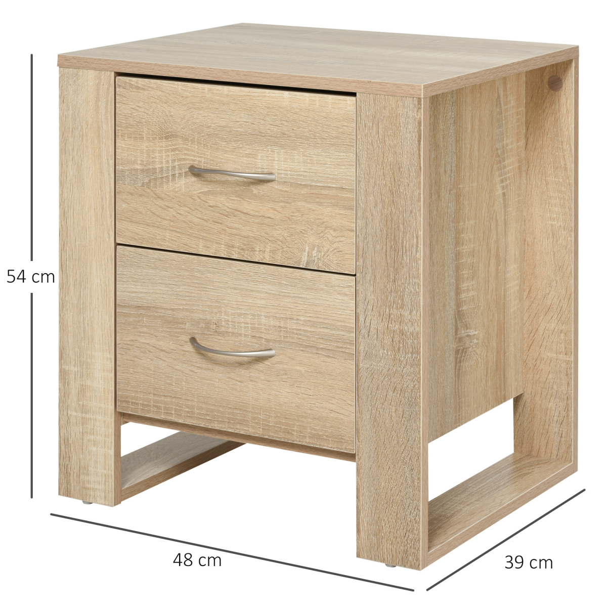 HOMCOM 2-Drawer Bedside Table with Silver-Tone Handles – Bedroom Storage, Natural
