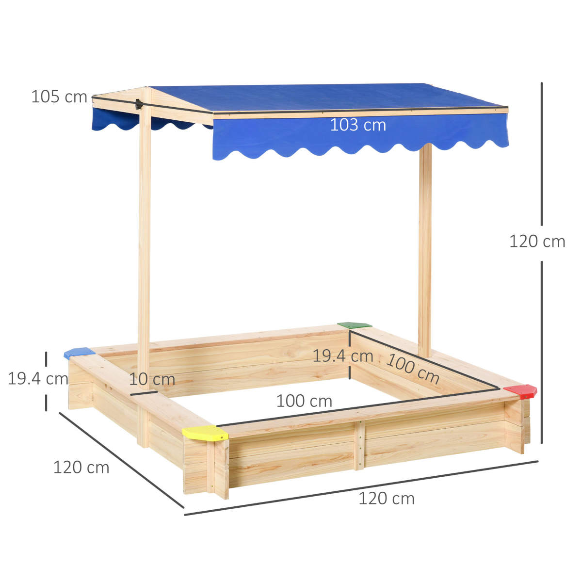 Outsunny Kids Wooden Cabana Sandbox with Bench & Adjustable Canopy – Outdoor Sandpit Playset, EN71 Certified