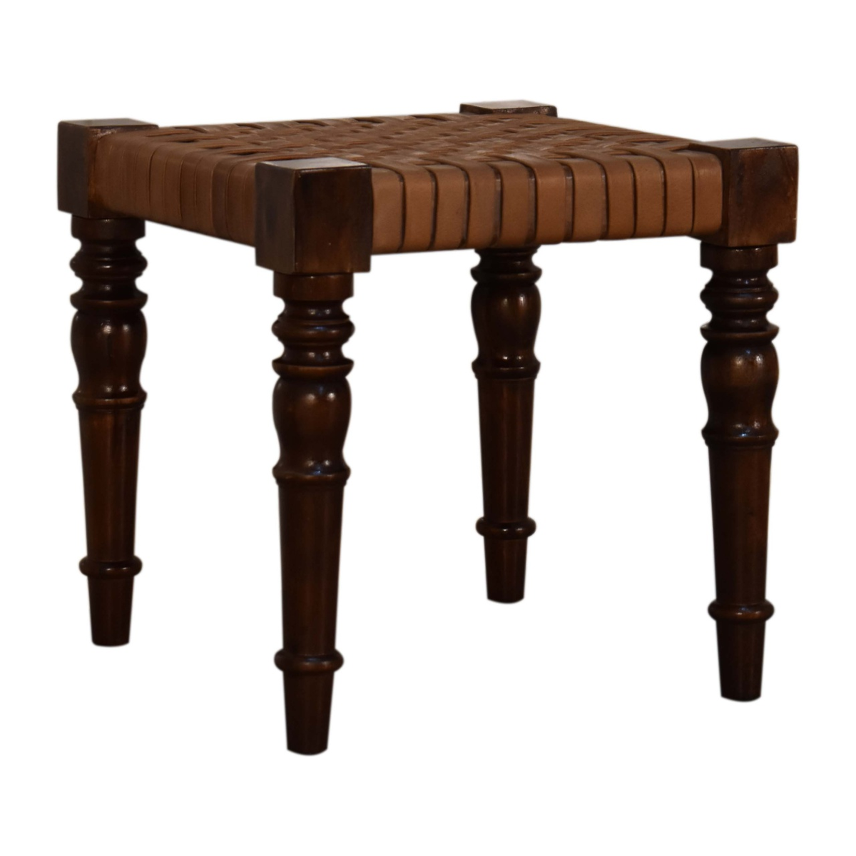 Artisan Furniture Solid Wood Woven Leather Top Footstool – Country Style Handcrafted Seat, Chestnut Finish, Brown
