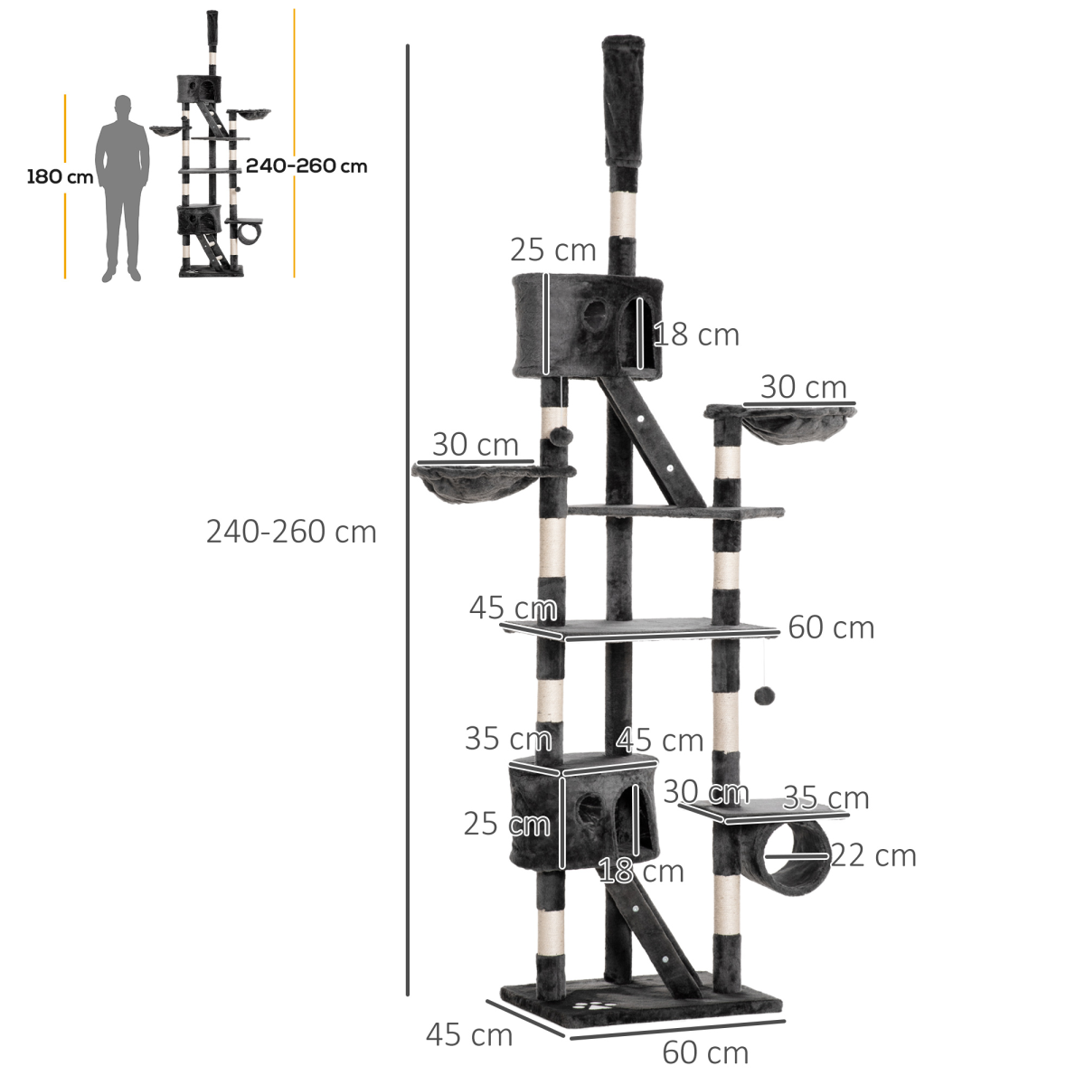 PawHut 240–260cm Floor-to-Ceiling Cat Tree with Houses, Hammocks, Ramps & Scratching Posts – Dark Grey