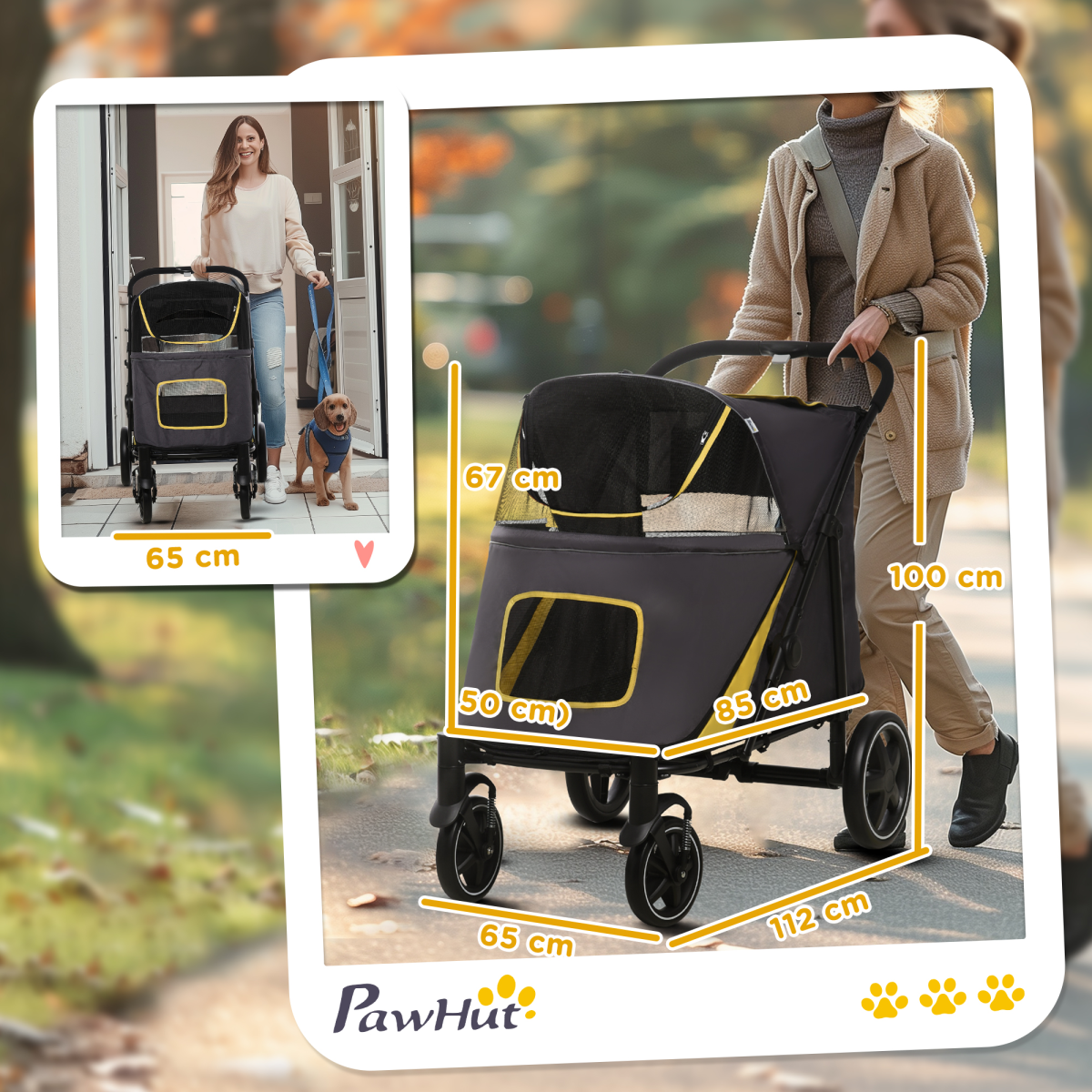 PawHut Foldable Dog Stroller with Universal Wheels, Shock Absorbers & Rear Brake – Pet Carriage, Grey