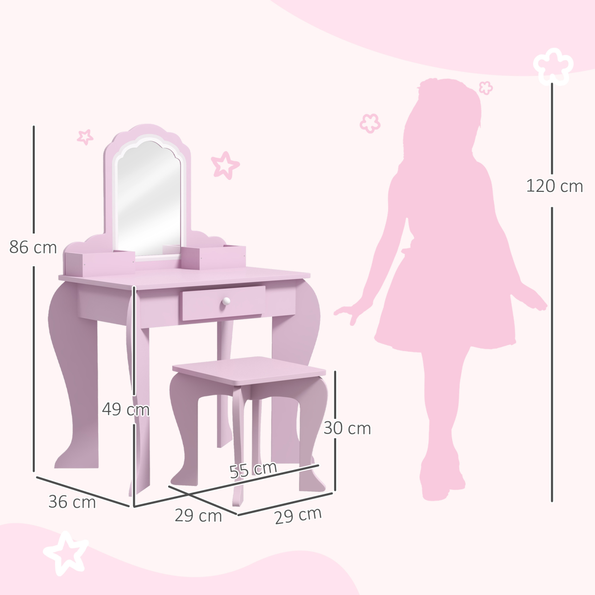 ZONEKIZ Kids Dressing Table with Cloud Design, Mirror, Stool, Drawer and Storage Boxes – Pink