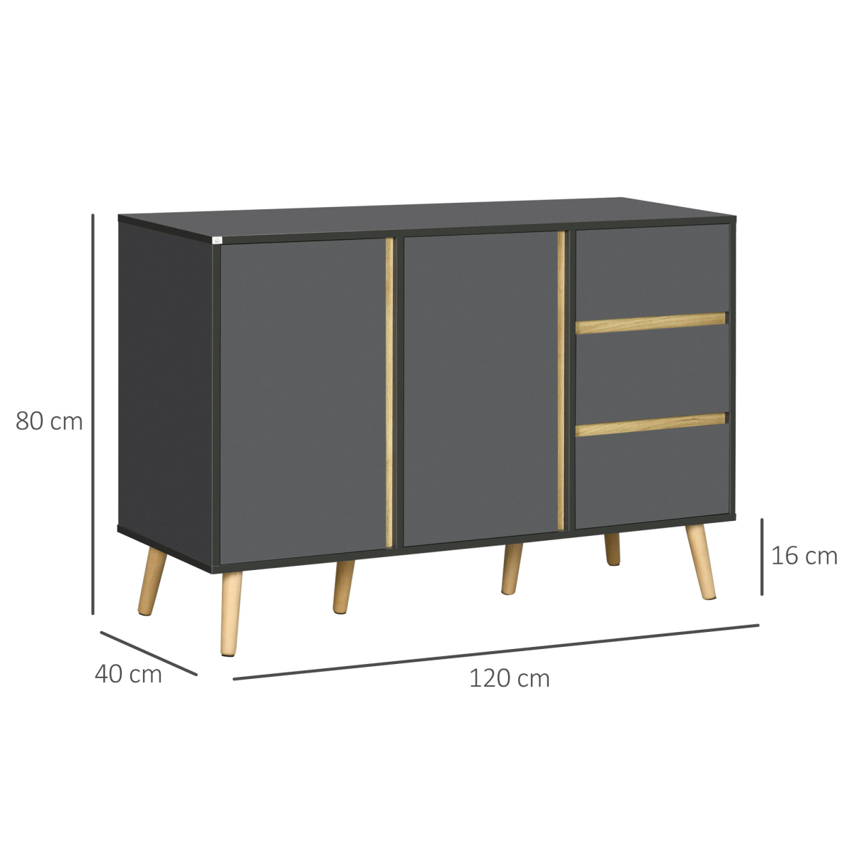 HOMCOM Sideboard Kitchen Cupboard with 3 Drawers, Adjustable Shelves & Double Doors – Dark Grey